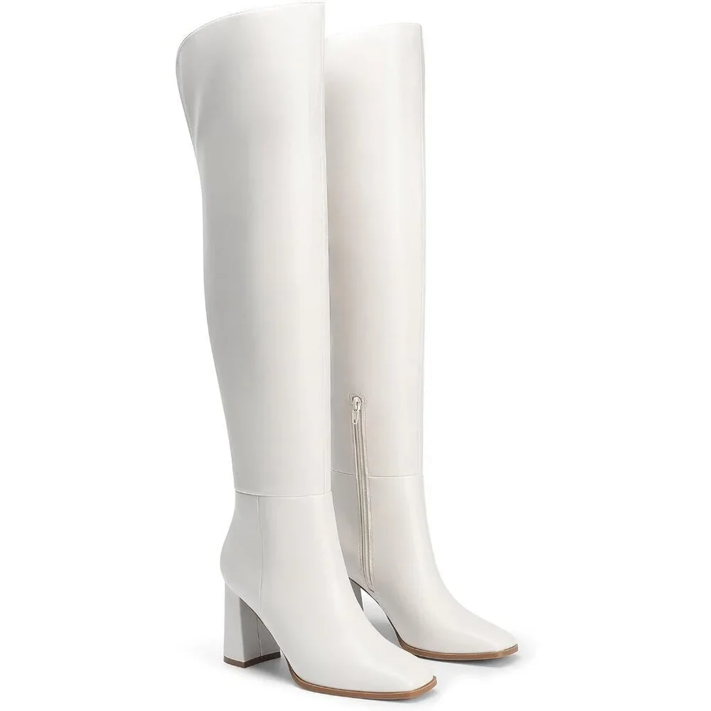 Women's White Faux Leather Thigh High Block Chunky Heeled Knee High Long Boots